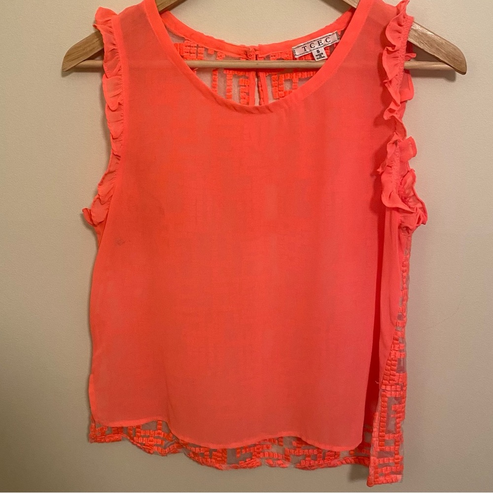 TCEC Coral Ruffled Blouse Embroidered Sheer Back